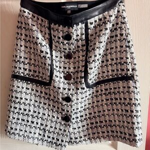 Karl Lagerfeld Black and White Tweed Button Skirt with Faux-Leather Trim
